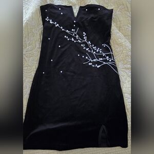 Black Velvet Mini Dress with Pearl On Stem Detailing